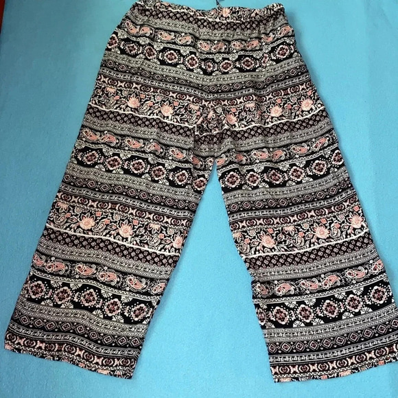 BOCABAY floral pull on crop pants elastic waistband drawstring 2 pockets size PL - Picture 2 of 9